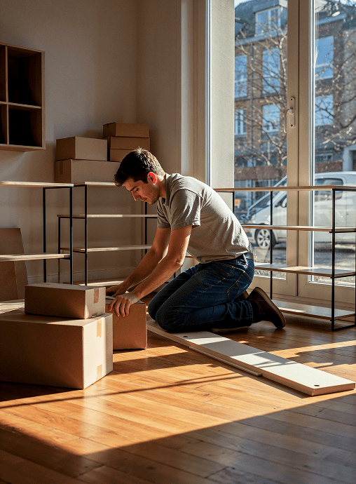 Person with moving boxes in a bright space